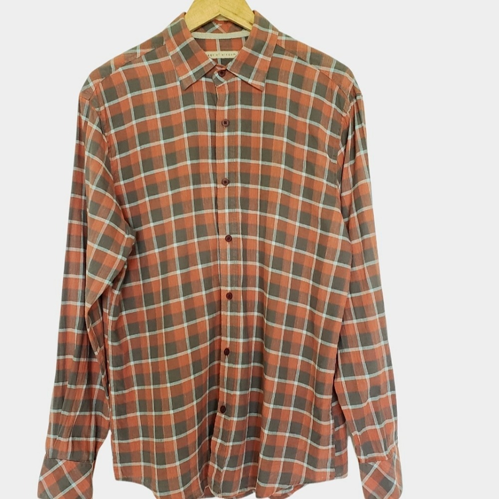 Age of Wisdom Plaid Linen Cotton Button Up Shirt L Muted Blue Red Preppy Summer
